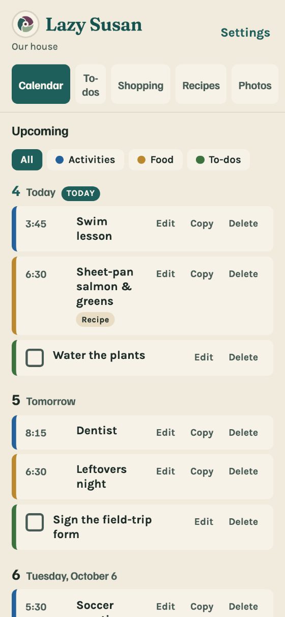 The Calendar screen on a phone: the coming days' activities, meals and to-dos.