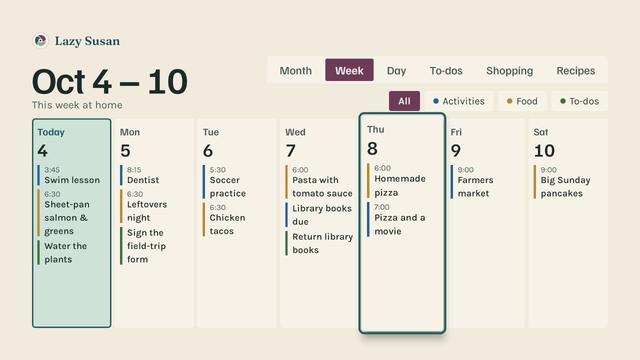 The calendar on a TV, by week, with each day's activities and meals in a column.